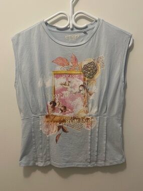 Guess Light Blue Sleeveless Corset Tee with Pink & Cream Accents, & Rhinestones